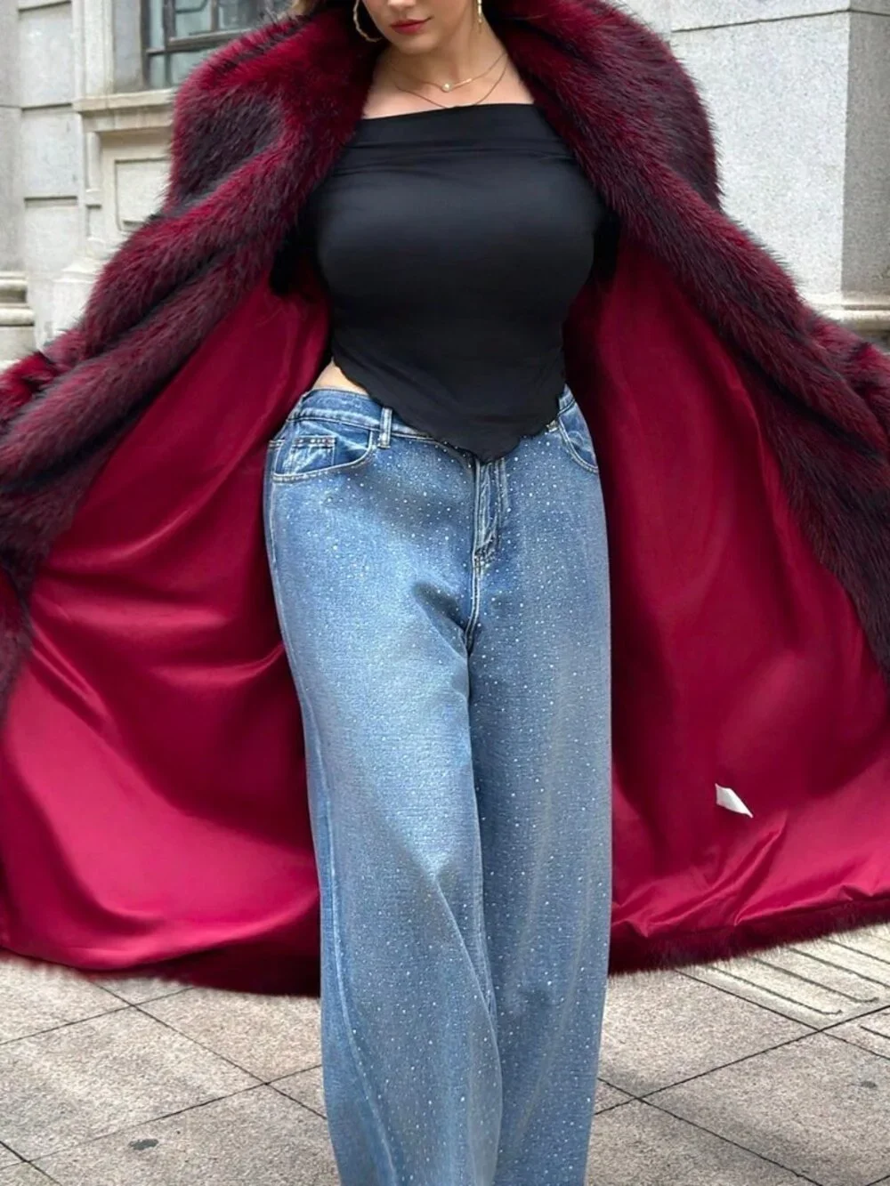 Burgundy Loose Women's Shawl Collared Belted Faux Fur Jacket